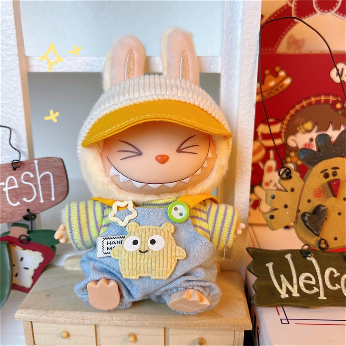 “Sunny Bear Day” Outfit – Hat & Overalls Set (Doll Not Included)